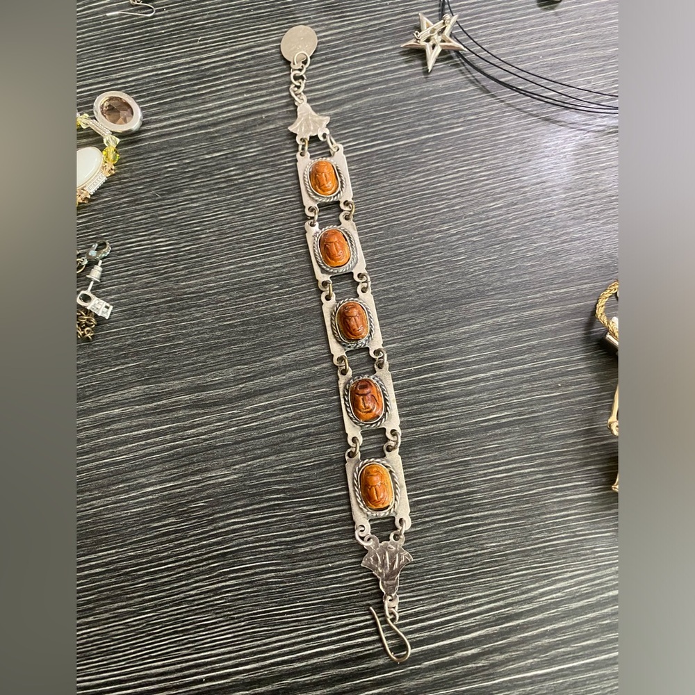 Silver Bracelet with brown Scarab Cabochons Egyptian revival